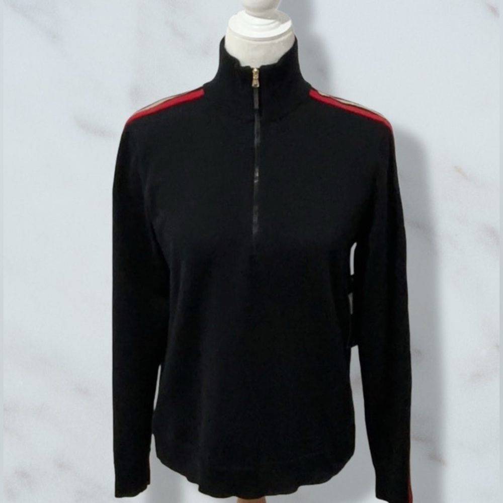 NWT LAUREN ACTIVE RALPH LAUREN Black Knit Golf Top Red Gold Metallic Accents Lg - Picture 3 of 13